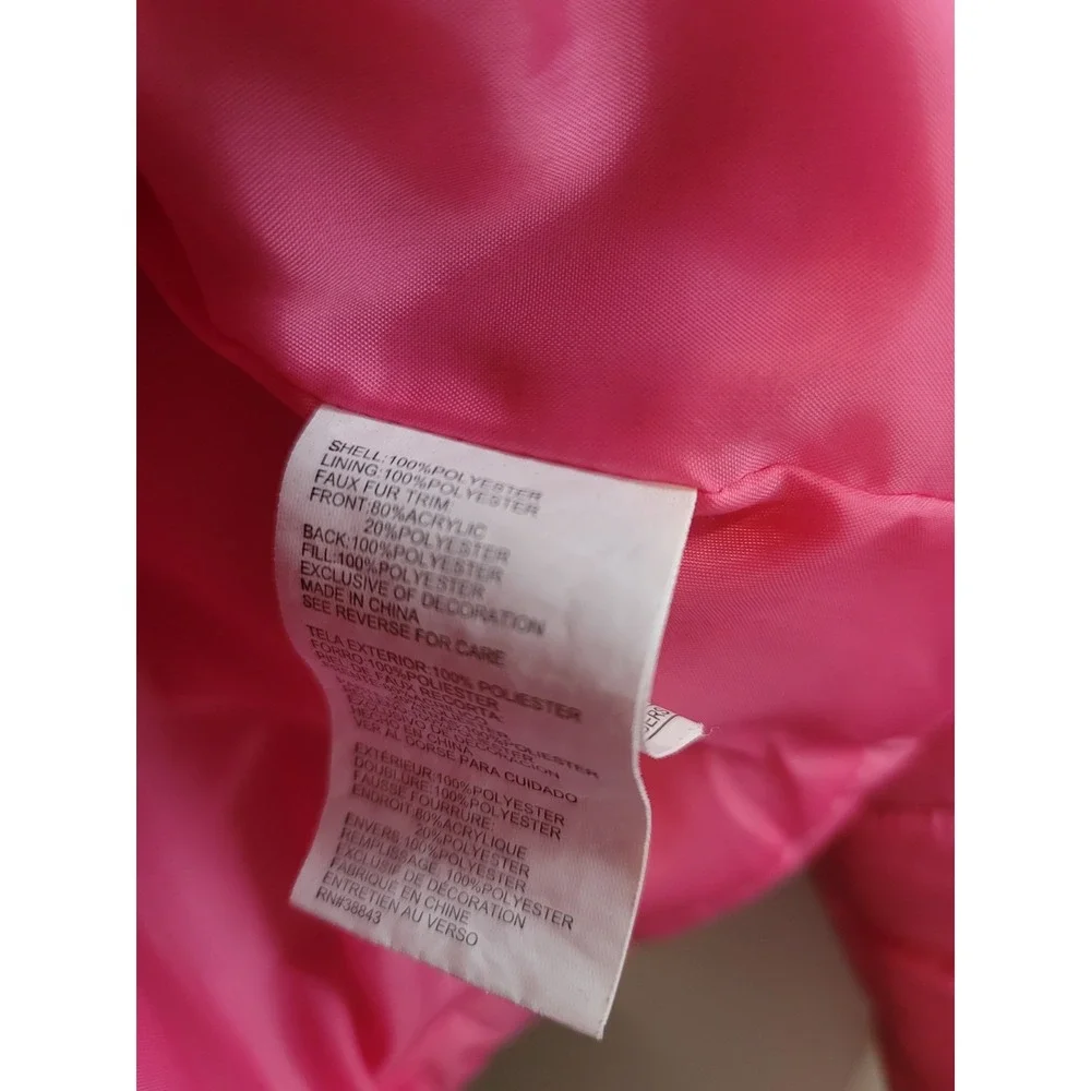 R1881 By S.Rothschild L(14) Pink Puffer Jacket Hooded Faux Fur Big Girls Neon
